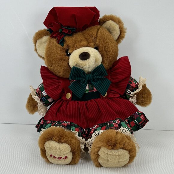 Vintage 1994 Kmart Teddy Bear Lane Christmas Bear In Holiday Dress Hat Bow 18" - Picture 1 of 13
